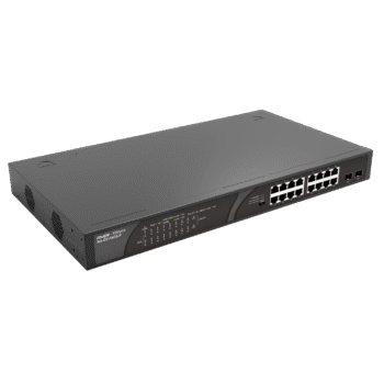RG-ES118GS-P,16 x 1000M copper ports and 2 x 1000M uplink SFP combo ports: 16 ports for PoE/PoE+, with the maximum PoE power up to 247 W; unmanaged switch